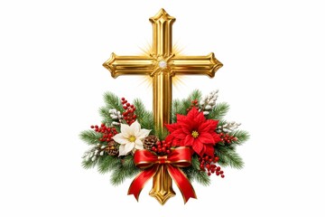Luminous golden cross surrounded by red and white poinsettias, pinecones, and festive greenery on white, perfect for inspirational Christmas messages and church media.