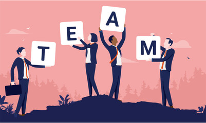 Team building - Team of people holding posters with letters outdoors. Business collaboration and teamwork concept. Vector illustration