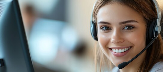 Smiling customer support agent wearing headset in modern office environment, perfect for IT helpdesk services, call center operations, and professional customer service concepts