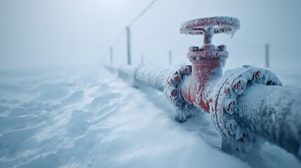 A close-up of a snow-covered pipeline with a large red valve in a freezing environment