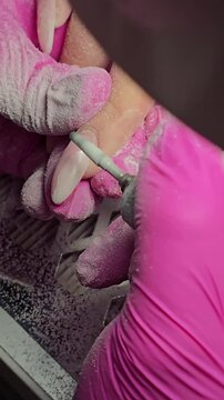 gel polish removal with electric nail file drill. Professional manicure procedure in salon Vertical close-up. nail technician uses electric file to remove gel polish from female client's fingernail