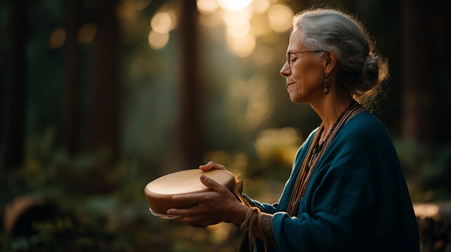 Faceless woman playing traditional frame drum in nature shamanic healing ceremony spiritual sound therapy meditation practice cultural ritual outdoor wellness rhythmic