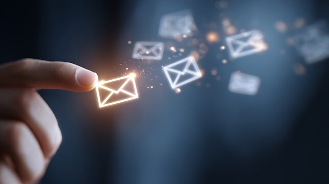 A hand pointing at illuminated email icons, symbolizing digital communication, on a blurred background