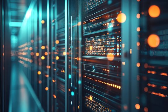 Secure IT server racks inside modern data center with glowing network lights, perfect for cloud computing infrastructure and enterprise technology backgrounds