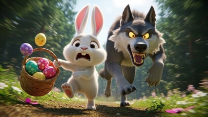 Scared Easter bunny running fast from a hungry wolf with a basket of eggs.