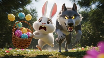 Gray wolf hunting a small easter rabbit in a green forest environment.