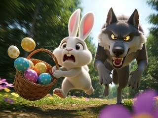 Humorous Easter concept featuring a gray wolf chasing a cute white rabbit.