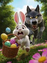 Angry wolf bearing teeth while pursuing a white easter rabbit outdoors.