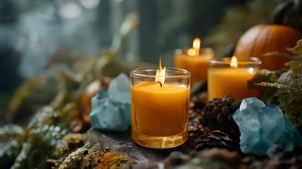 Sierkussen Meisjeskamer Burning candles with autumn pumpkins and crystals in forest mystical seasonal ceremony spiritual ritual setting nature magic harvest celebration esoteric practice foggy atmos  © Kateryna