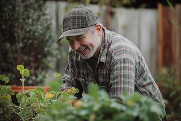 Fototapeta premium Elderly man smiling while tending to his vegetable garden in a sunny backyard