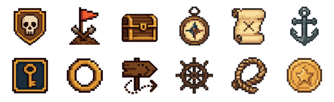 Set of pixel art pirate icons for a video game, including a treasure chest, map, skull, anchor, compass, and gold coin in a retro 8-bit style for adventure themes