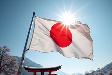 Japanese national flag with proud mood waving in wind against blue sky