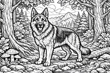 Highly detailed line illustration of a cheerful dog beside a rocky forest stream with distant mountains, perfect for coloring books, outdoor brands, and adventure themes.