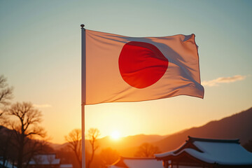 Japanese national flag with calm mood waving at sunset against mountain landscape