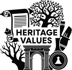Heritage Values Column Tree Open Book Vector Black Hand Drawn Typography Logo Emblem Badge Icon Silhouette Vintage Retro Graphic History Culture Knowledge