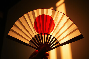 Hand holding a translucent folding fan with rising sun symbol in warm colors representing sunset and national identity with copy space