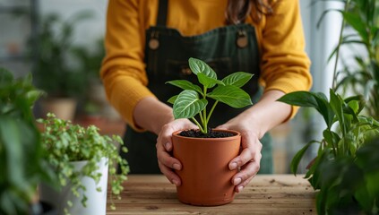 Person Planting a Young Plant in a Pot on a Wooden Table Surrounded by Other Plants