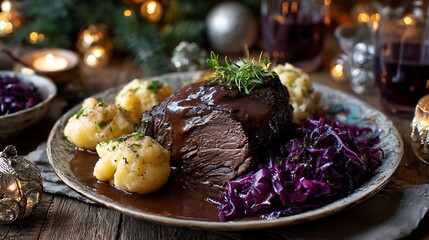 A festive holiday dinner showcases a roasted meat with gravy, sides, and festive decorations