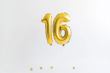 Golden sixteenth birthday celebration with number balloons and stars