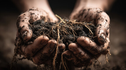 Hands embracing the earth and holding dark fertile soil with exposed roots, the connection between man and nature