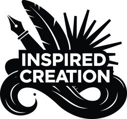 Inspired Creation Quill Inkwell Stars Vector Black Hand Drawn Typography Logo Emblem Badge Icon Silhouette Vintage Retro Graphic Art Writing Literature Creative