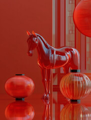 Chinese new year 2026 glass horse sculpture with lanterns