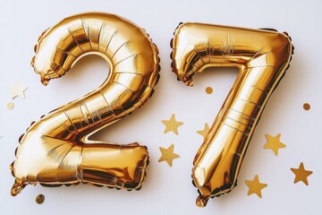 Golden birthday balloons: celebration of 27 with glitter stars