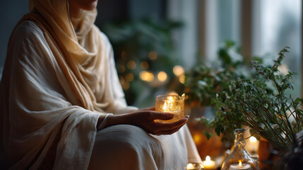 Faceless woman in flowing garment meditating among plants candlelit peaceful space spiritual artifacts surrounding personal ritual practice natural elements serene atmosphere