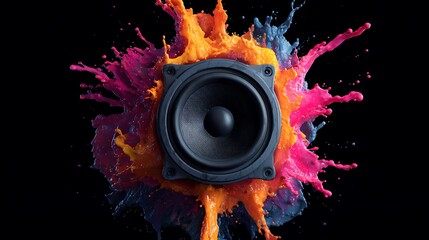 A loudspeaker explodes with colorful paint against a stark black background