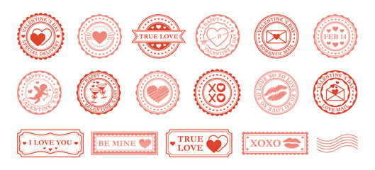Set of red and pink Valentine's Day stamps. Hearts and Cupid, February 14, romance. Isolated on white background. Vector illustration.