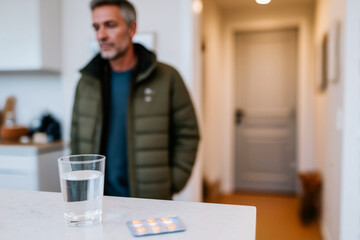 Glass of water and pills on kitchen counter with man in background &ndash; concept of medication and mental health
