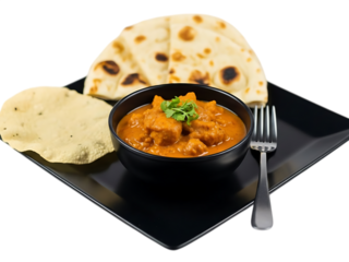 Indian food with naan bread and curry sauce in bowl on transparent background