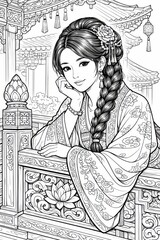 Highly detailed illustration of a graceful lady in an ornate robe relaxing on a carved terrace, perfect for adult coloring pages, book covers, and decorative designs.