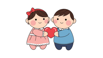 Cartoon Children Holding Red Heart Together.