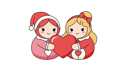 Cartoon Girls Holding Heart Together.