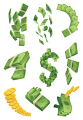 Cartoon money and coins icon set. Paper cash, bills fly. Keeping money in bank. Green banknotes wealth, accumulation and inheritance. Flat vector money illustration. Objects isolated on white