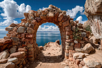 Ancient stone archway on Isla del Sol overlooking Lake Titicaca under dramatic cloudy sky