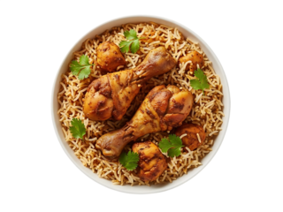 chicken biryani with herbs in a white bowl on transparent background