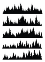 Set of fir trees silhouettes. Coniferous spruce horizontal background patterns, black evergreen woods vector illustration. Beautiful hand drawn panoramas of coniferous forest