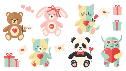 Cute Cartoon Animals with Hearts and Gifts.