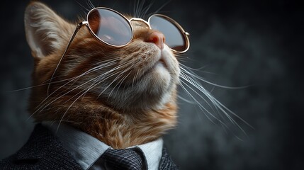 A regal orange tabby cat, wearing glasses and a suit, looking upwards, serious and contemplative