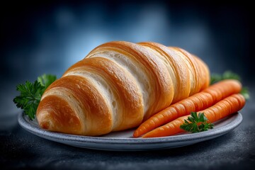Warm, flaky croissant paired with vibrant baby carrots and parsley on a rustic plate, creating a cozy gourmet still life ideal for bakery, cafe, or healthy eating promotions.