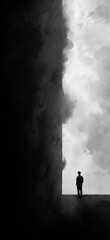 Lonely man standing in dark, empty, minimal space. Solitary man silhouette standing in an empty, dark, mysterious room, emphasizing isolation and introspection