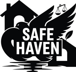 Safe Haven House Wings Heart Nest Vector Black Hand Drawn Typography Logo Emblem Badge Icon Silhouette Vintage Retro Graphic Home Safety Love Protection Peace