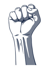 Rised fist hand gesture monochrome drawn emblem. Vector hand clenched into fist and rising up, symbol isolated on white background. Power sign. Human hand up in the air