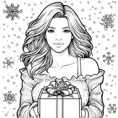 Festive black and white illustration of a cheerful woman presenting a ribboned gift amid falling snowflakes, perfect for holiday cards, winter promotions, and coloring pages.