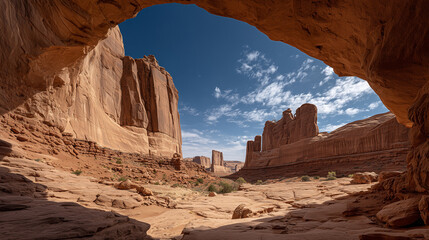 Sandstone formations in desert landscape with blue sky