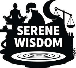 Serene Wisdom Lotus Scales Sun Vector Black Hand Drawn Typography Logo Emblem Badge Icon Silhouette Vintage Retro Graphic Peace Balance Justice Zen