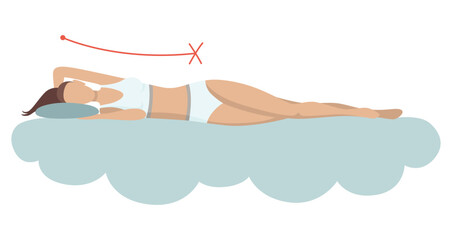 Incorrect sleeping body posture. Not healthy sleeping position spine in various mattresses and pillow. Caring for health of back, neck. Vector illustration