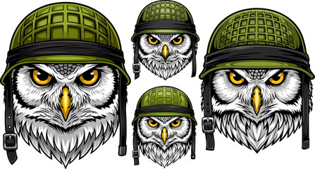 Military owls wearing tactical helmets